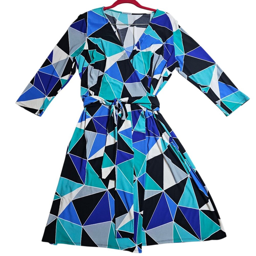 Evan Picone Geometric Print Blue Teal Black Belted V-Neck A-Line Midi Dress